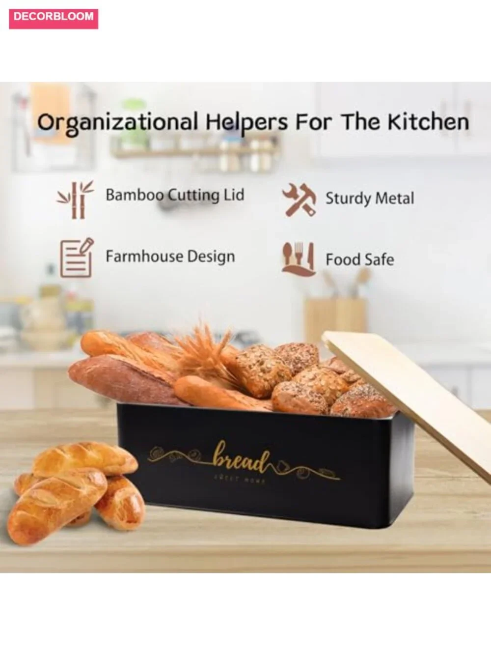 Bread Box with Bamboo Cutting Board Lid, Metal Kitchen Counter Storage